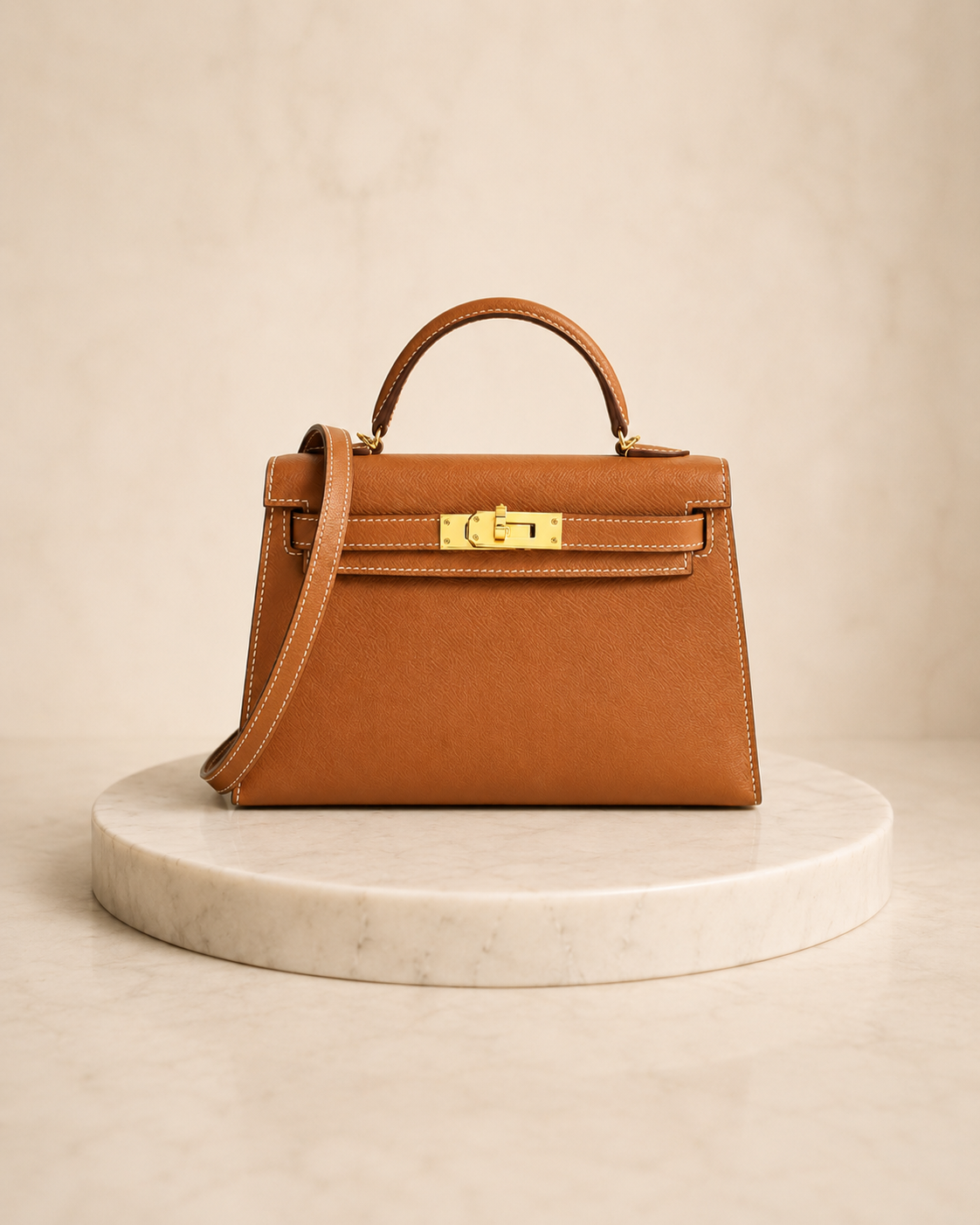 Tan Hermès Kelly bag on a marble pedestal